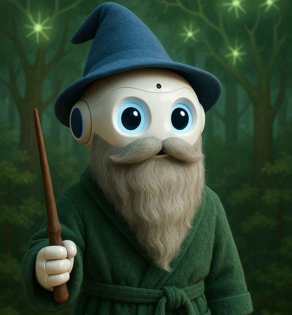 wizard robot in a forest with a spell stick