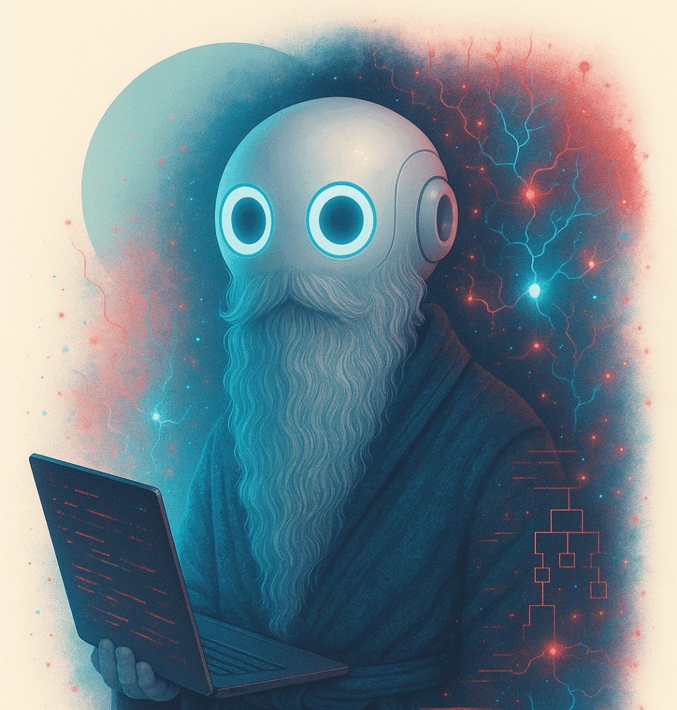 wizard robot with laptop fading away in random forests