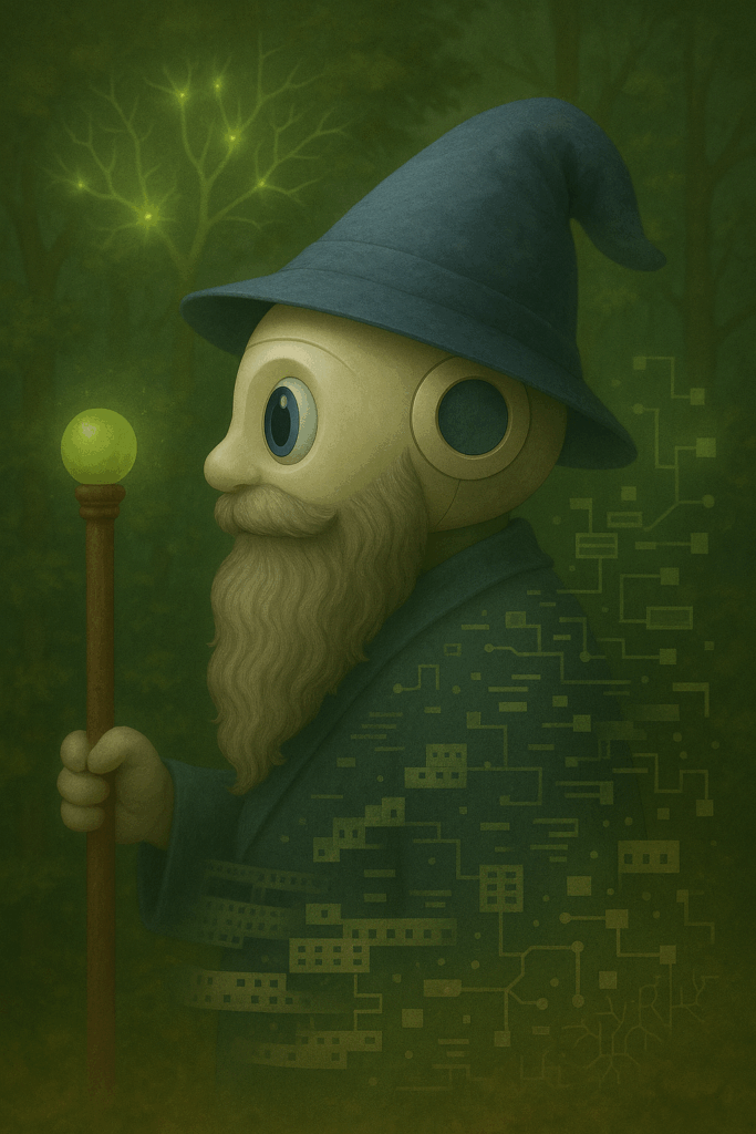 wizard robot in a forest with a sorcerer's stick profile